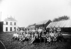 The Broomham Brothers tannery in the 1940s with employees in the grounds.